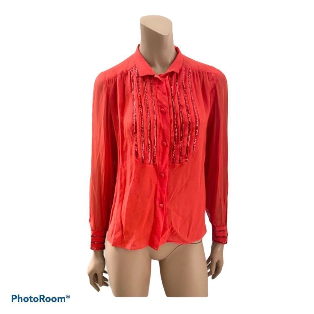 Celine Paris Vintage Red Silk sequins stripes detail Button Blouse S